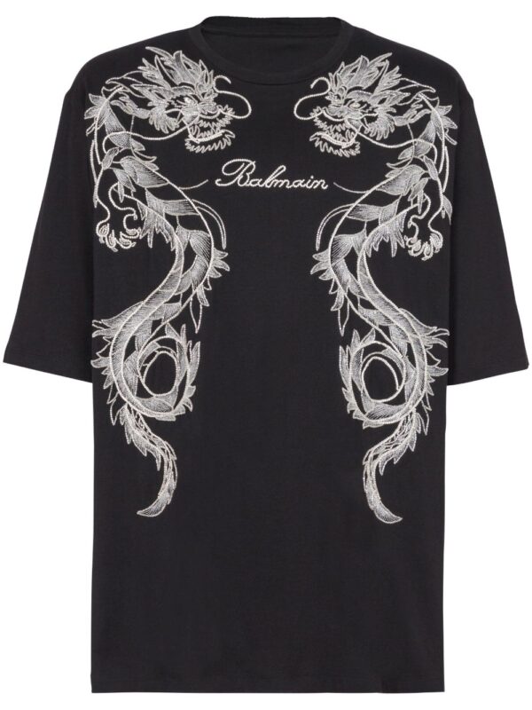 Dragon-embroidered cotton T-shirt